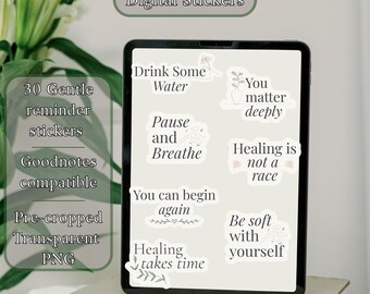 Digitala klistermärken med mild påminnelse för GoodNotes | Planerare för självvård | Paket med 30 PNG-klistermärken för mental hälsa