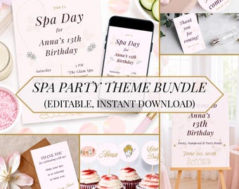 Tonårsspa-födelsedagsfestpaket, inbjudan + välkomstskylt, rosa pyjamaspartykit, redigerbara Canva-mallar