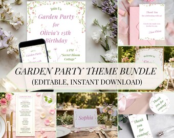Mall för trädgårdsfestpaket | Inbjudningssvit för blommig fest | Redigerbar Canvas-festdekor