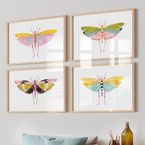 Vibrant Watercolor Grasshopper Art Print Set of 4. Yellow Pink Green Blue Insect Painting. Colorful Nursery Room Bug Art. Grasshoppers Art