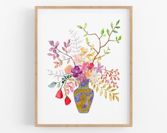 Watercolor Flowers. Snake Floral Art Print. Living Room Art. Bouquet of Flowers Painting. Floral Wall Art. Colorful Flowers. Kundilini Art.