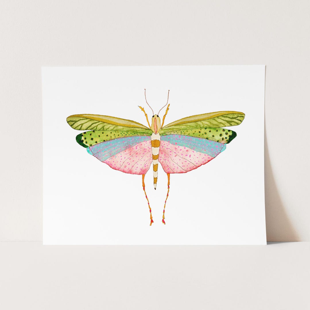 【アンソロポロジー】Insects in Bell Jars Wall Art Colorful Bug Watercolor Art Print. Pretty Grasshopper Wall