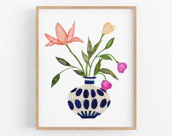 Bright Flower Art Print. Vase of Flowers Painting. Watercolor Art. Fun Floral Art. Unique Flower Art. Living Room Decor. Large Art Prints.