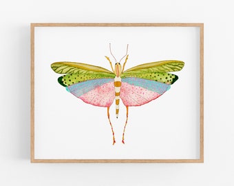 Colorful Bug Watercolor Art Print. Pretty Grasshopper Wall Art. Nature Gallery Wall. Kids Decor. Nursery Design. Gallery Wall Art. Insects.