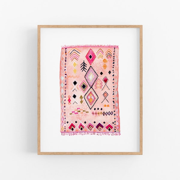 Moroccan Rug Watercolor Art Print | Blush Pink Rug Painting | Modern Boho Print | Boho Nursery / Kids Room Decor | Unique Gallery Wall Art