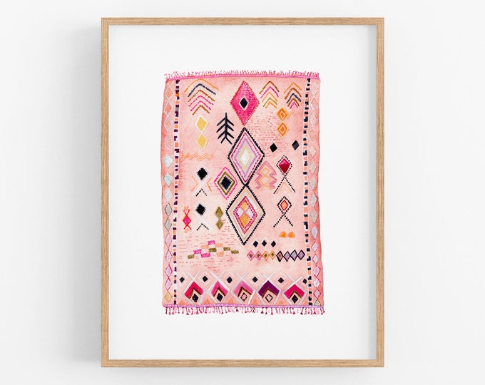 Moroccan Rug Watercolor Art Print | Blush Pink Rug Painting | Modern Boho Print | Boho Nursery / Kids Room Decor | Unique Gallery Wall Art