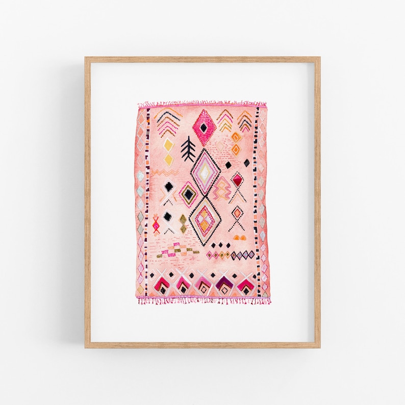 Moroccan Rug Watercolor Art Print Blush Pink Rug Painting Modern Boho Print Boho Nursery / Kids Room Decor Unique Gallery Wall Art image 1