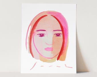 May include: Watercolour painting of a person's face in shades of pink and orange. The person has short, straight hair and is looking directly at the viewer.
