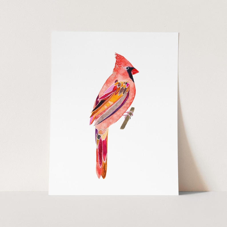 May include: A watercolor painting of a cardinal bird with red, orange, yellow, and purple feathers. The bird is perched on a branch and is facing to the right.