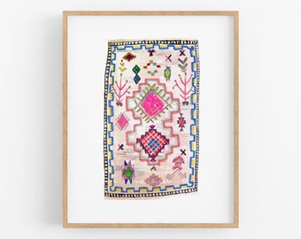 Boho Rug Watercolor Art Print. Boucherouite Rug Watercolor Painting.  Pink Moroccan Rug Art. Modern Boho Living Room Art. Girls Room Decor.