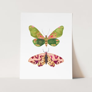 Pink and Green Moth Art Print. Pretty Bug Art. Nursery Decor. Watercolor Moths. Nature Art. Kids Wall Art. Playroom Decor. Pink / Green Art.
