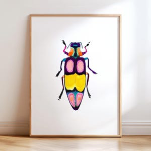 Colorful Watercolor Beetle Art Print. Pink Yellow Bug Wall Art. Brightly colored Insect Painting. Bug Artwork Nursery Decor.