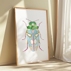Bright Blue Green Watercolor Beetle Art Print. Fun Bug Decor.  Insect Lovers Painting of Beetles for Kids Room, Nursery, Nature Illustration