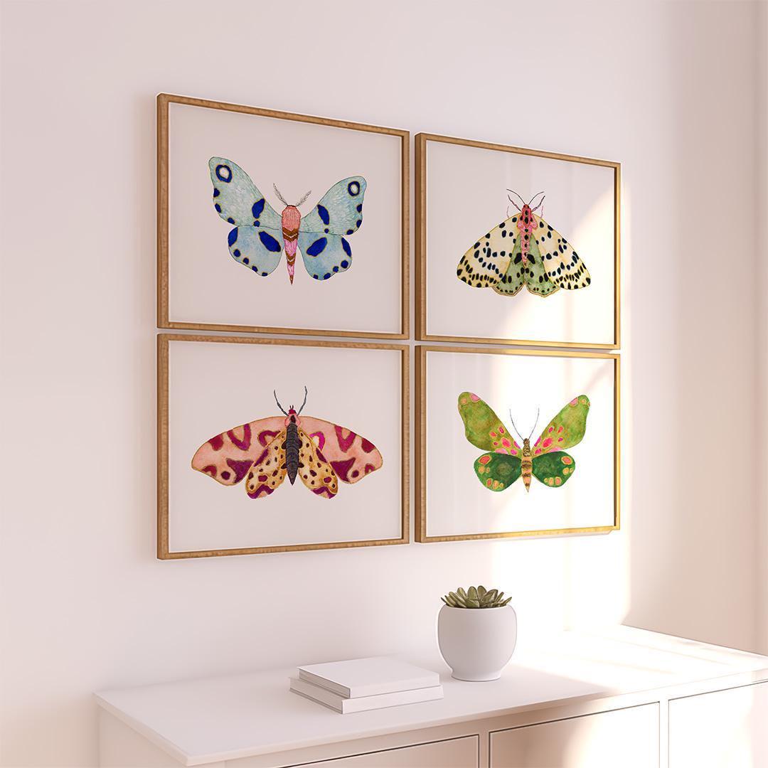 Watercolor Moth Art Set of 4, Colorful Pretty Bug Prints, Green Pink Blue Yellow Moths, Modern Nature Wall Paintings,  Insect Decor