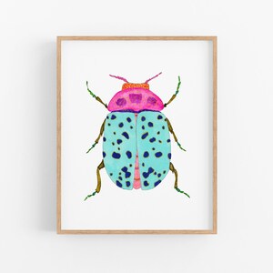 Colorful Beetle Art Print. Teal Blue and Pink Bug Art.  Large Art Prints. Nature Decor.  Kids Room Wall Art. Fun Bug Decor. Pretty Bug Art.