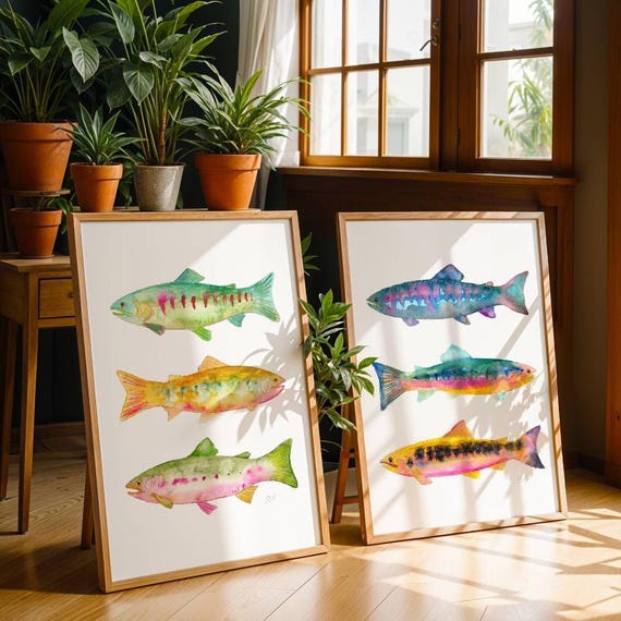 Vibrant Watercolor Trout Art Print Set of 2. Colorful Fish Paintings. Fisherman Framed Art. Fishing Painting Decor. Gift for Dad Wall Art.