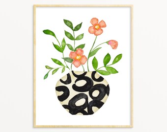 Black and White Vase Art. Floral Art Print. Flower Painting with Modern Vase. Living Room Decor. Large Wall Art. Pink and Green Wall Art.
