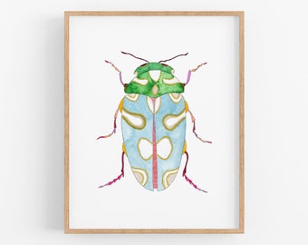 Blue Green Beetle Art Print. Nature Themed Nursery Decor. Kids Room Art Playroom Decor. Kids Room Art. Fun Bug Prints. Watercolor Bug Art.