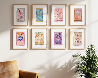 Colorful Watercolor Antique Rug Art Prints Set of 8. Moroccan Blue Pink Green Orange Purple Vintage Wall Art Rugs. Modern Boho Painting.