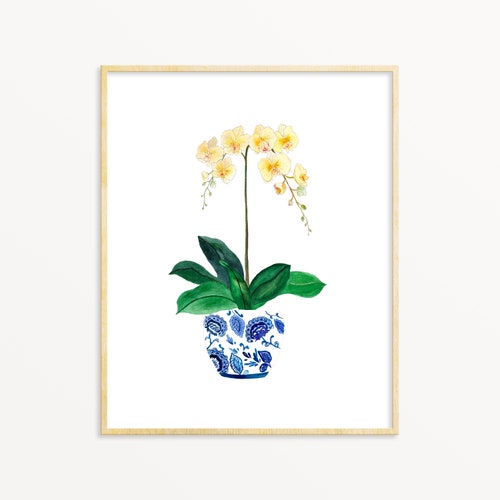 Watercolor Orchids in Ginger Jar Art Print. Yellow Orchids Etsy