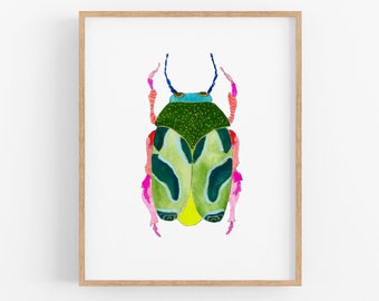 Green Beetle Art Print with Pink Legs. Pretty Bug Art.  Fun Bug Decor.   Nature Decor.  Kids Room Wall Art.   Watercolor Bug Art.