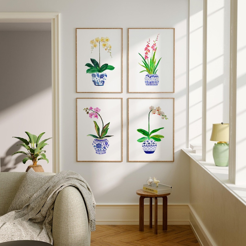 Beautiful Watercolor Orchids Art Print Set of 4. Blue White Ginger Jar Paintings. Home Decor Gift for Mom. Botanical Prints. Orchid Wall Art zdjęcie 4