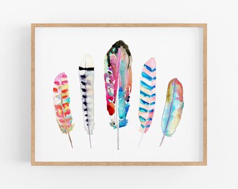 Feather Art. Watercolor Feathers Art Print. Colorful Boho Feather Art. Watercolor Nature Painting. Gift for Her. Sweet Pretty Nursery Print.