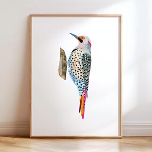 May include: A watercolor painting of a colorful woodpecker perched on a branch. The bird has a blue, green, and yellow body with black spots and a red head. The background is white.