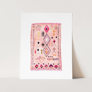 Aquarel kunstprint van een Marokkaans tapijt | Schilderij van een zachtroze tapijt | Moderne boho print | Boho decoratie voor de babykamer / kinderkamer | Unieke wanddecoratie