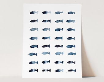 Modern Blue Fish Art Print, Minimalist Lake House Decor, Fisherman Nursery Wall Art, Kids Room Fish Painting