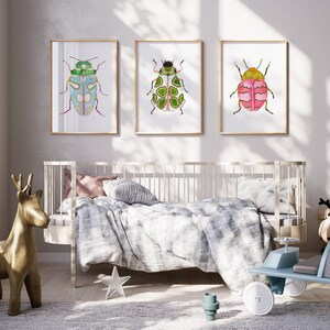Green Pink Blue Watercolor Beetle Art Print Set of 3, Colorful Beetles, Boys Room Decor, Montessori Bug Nursery Illustration Insect Painting image 5