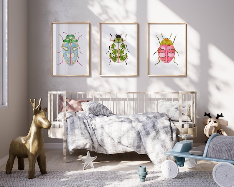 Green Pink Blue Watercolor Beetle Art Print Set of 3, Colorful Beetles, Boys Room Decor, Montessori Bug Nursery Illustration Insect Painting image 5