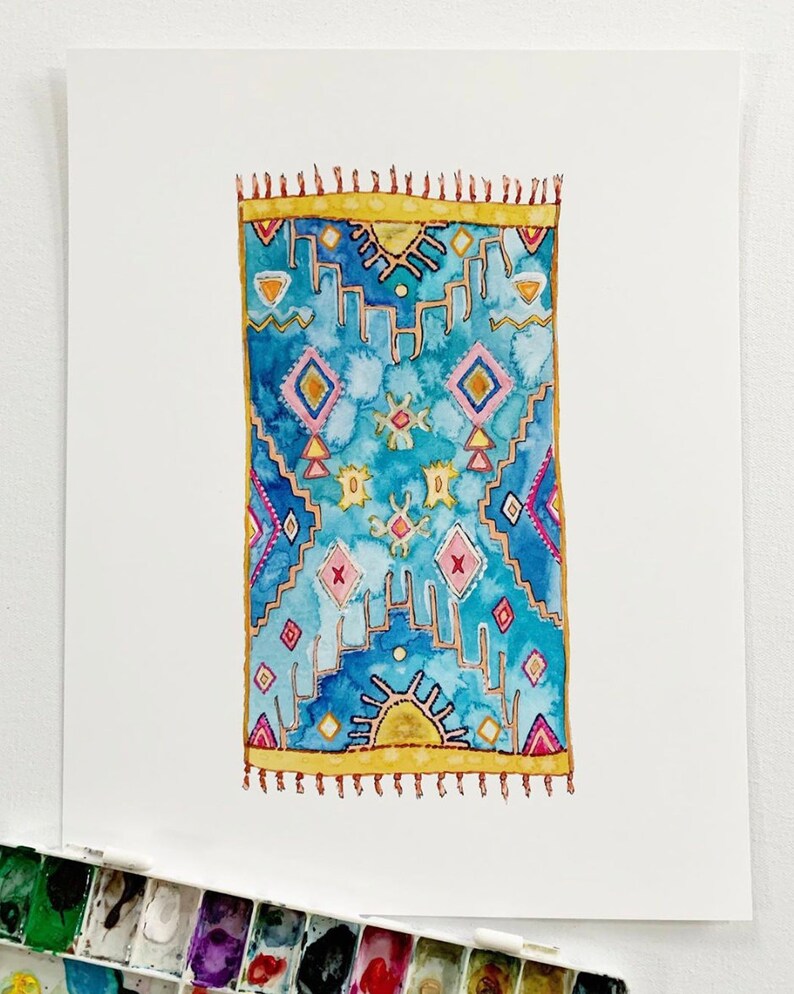 BlueGold Colorful Boho Wall Decor Gallery Wall Art Teen Bedroom Decor Dorm Room Art Print Watercolor Moroccan Rug Art Print Boho Decor