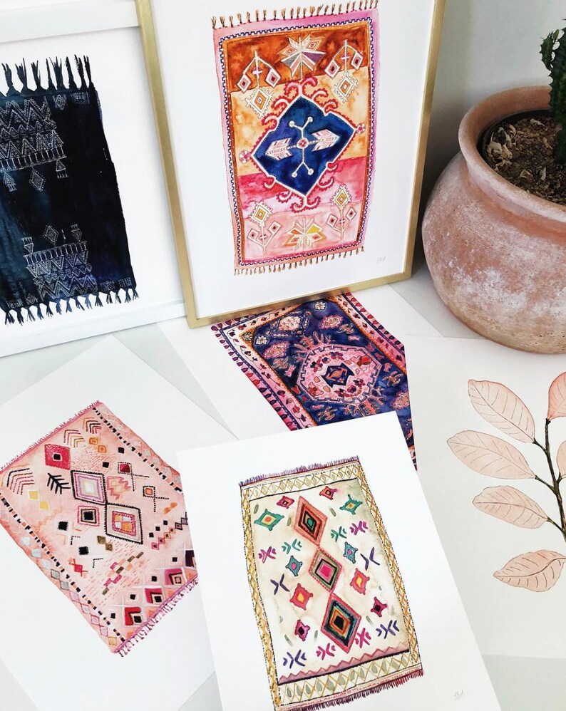 Boho Rug Wall Art. Vintage Pink/brown Watercolor Rug Painting. Etsy