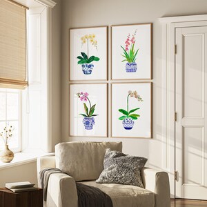 Beautiful Watercolor Orchids Art Print Set of 4. Blue White Ginger Jar Paintings. Home Decor Gift for Mom. Botanical Prints. Orchid Wall Art zdjęcie 3