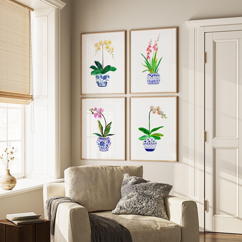 Beautiful Watercolor Orchids Art Print Set of 4. Blue White Ginger Jar Paintings. Home Decor Gift for Mom. Botanical Prints. Orchid Wall Art zdjęcie 3