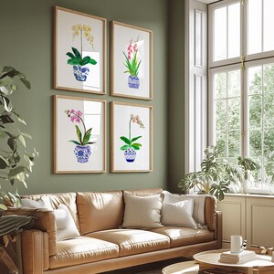 Beautiful Watercolor Orchids Art Print Set of 4. Blue White Ginger Jar Paintings. Home Decor Gift for Mom. Botanical Prints. Orchid Wall Art zdjęcie 5