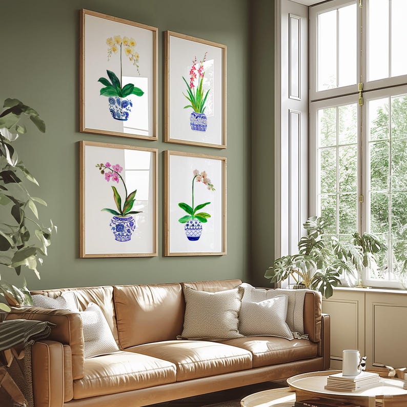 Beautiful Watercolor Orchids Art Print Set of 4. Blue White Ginger Jar Paintings. Home Decor Gift for Mom. Botanical Prints. Orchid Wall Art zdjęcie 5