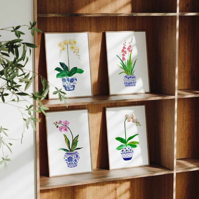 Beautiful Watercolor Orchids Art Print Set of 4. Blue White Ginger Jar Paintings. Home Decor Gift for Mom. Botanical Prints. Orchid Wall Art zdjęcie 7