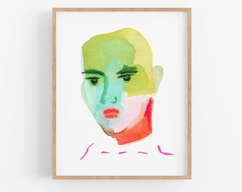 Unique Colorful Portrait Art. Abstract Art. Modern Portrait. Abstract Woman's Face Watercolor Art Print Green Red Blue Sarah Martinez Art