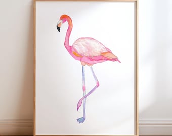 Vibrant Pink Flamingo Watercolor Art Print.  Bird Wall Art Painting. Beach House Room Decor. Flamingos Artwork. Coastal Baby Shower Gift.