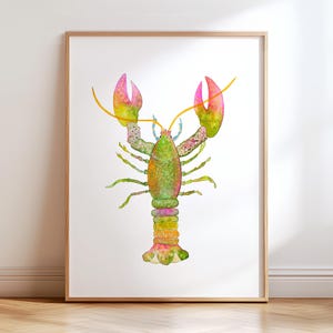 Vibrant Watercolor Lobster Art Print. Green Yellow Pink Lobster Painting. Beach House Wall Art. Cape Cod Beach Decor. Coastal Maine Art.