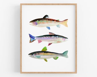 Trout Watercolor Art Print. Blue & Green Watercolor Fish Art Painting. Pond Life Nature Decor. Fisherman Dad Wall Art. Trout Illustration.