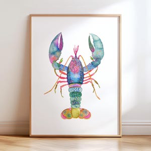 Brightly Colored Watercolor Maine Lobster Art Print. Blue Pink Green Yellow Lobster Wall Art. Colorful Coastal Lobster Painting Home Decor.