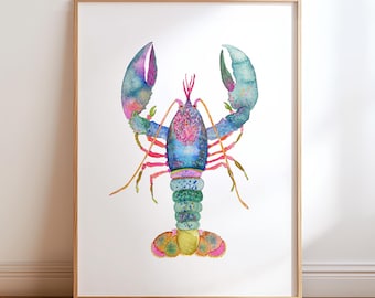 May include: Watercolor painting of a colorful lobster in a wooden frame. The lobster features shades of blue, pink, and green, with detailed claws and body segments. The artwork is displayed against a white background.