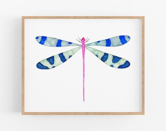 Watercolor Dragonfly Art Print.  Blue Dragonfly Artwork. Colorful Insect Art. Gallery Wall Prints. Nature Painting. Pretty Insect Artwork.