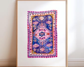 Vibrant Watercolor Rug Art Print. Purple Pink Blue Rug Painting. Modern Boho Home Decor. Moroccan Rugs Wall Art. Antique Rug Nursery Prints.