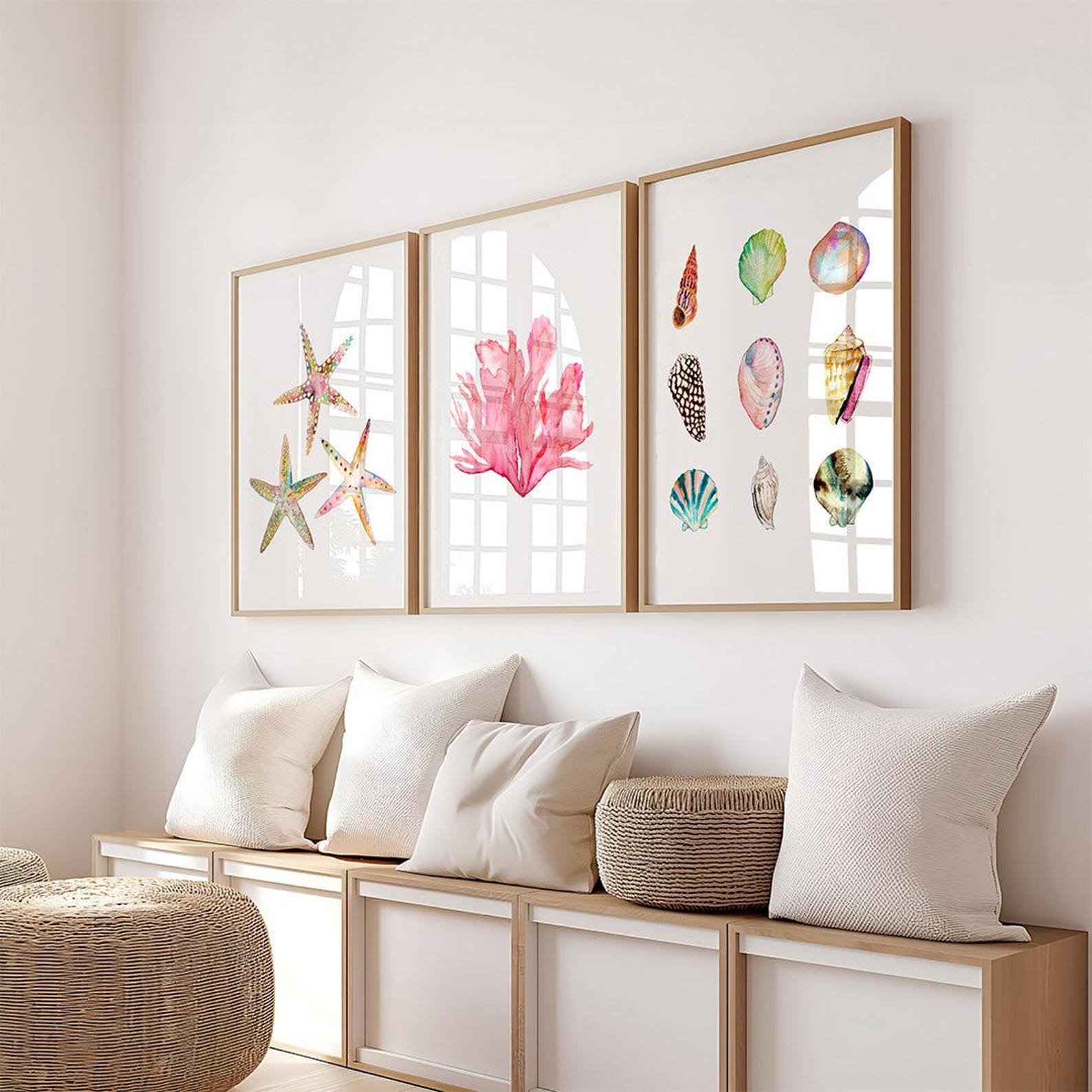Vibrant Watercolor Sea Shell Collection Art Print. Sea-foam Green, Pink ...
