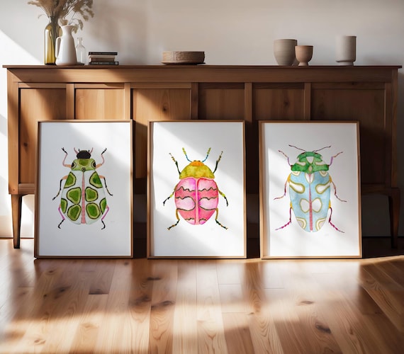 Green Pink Blue Watercolor Beetle Art Print Set of 3, Colorful Beetles, Boys Room Decor, Montessori Bug Nursery Illustration Insect Painting