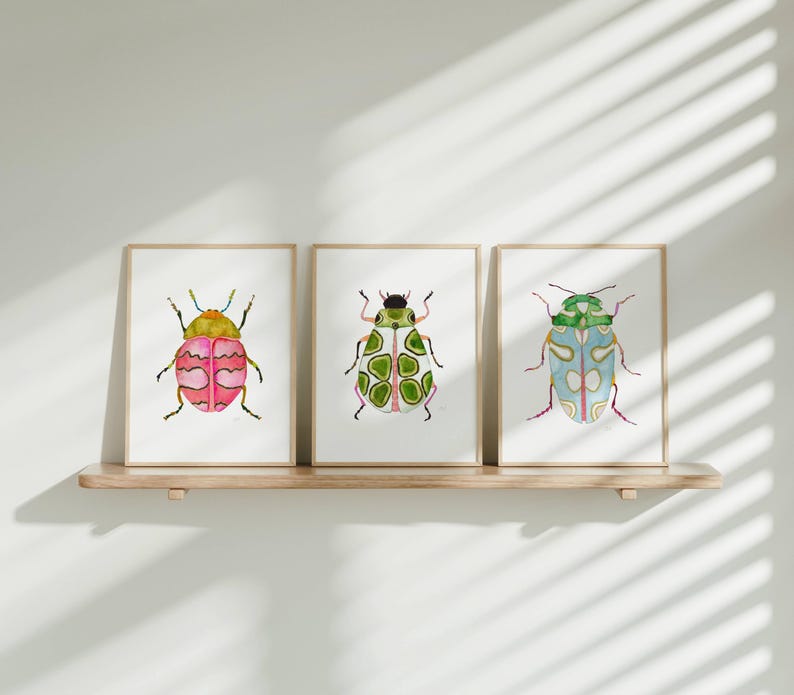 Green Pink Blue Watercolor Beetle Art Print Set of 3, Colorful Beetles, Boys Room Decor, Montessori Bug Nursery Illustration Insect Painting image 6